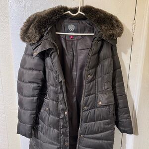 Women's Vince Camuto  Gray Puffer Coat with Faux Fur Hood